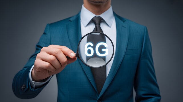 Businessman In Green Suit Holding Magnifying Glass With 6G Symbol Representing Future Mobile Network Technology Concept