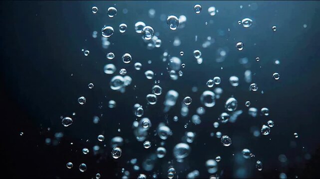 Underwater Bubble Symphony: An abstract visual narrative of rising bubbles dancing gently, evoking feelings of tranquility and fluidity in a dark blue setting.