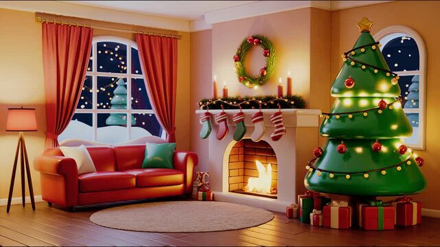 Cozy Christmas Corner: A warm, inviting Christmas scene unfolds in a beautifully decorated living room. The focal point is a glowing Christmas tree. A festive wreath hangs above the fireplace.