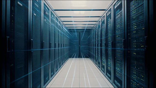 Digital Infrastructure: A symmetrical perspective of data server cabinets illuminated, representing connectivity and digital technology. 