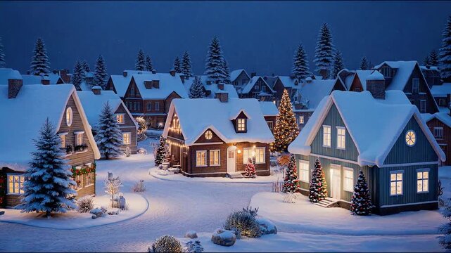 Cozy Winter Wonderland: A charming winter scene unfolds, showcasing snow-covered houses illuminated by warm lights against a backdrop of serene night sky.