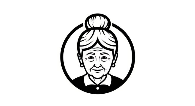 A black and white graphic logo featuring a portrait of an elderly woman with a bun hairstyle inside a circle.