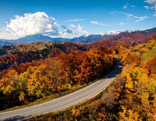 A scenic mountain road winds through a vibrant autumn landscape, showcasing a tapestry of fiery reds, oranges, and yellows.