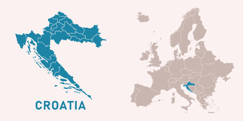 Map of Croatia with administrative divisions and highlighted position on Europe map. Isolated on white background. Vector illustration.
