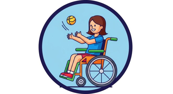 Illustration of a cheerful girl playing ball while sitting in a wheelchair, Empowering disability awareness with inclusivity and active lifestyle graphics - Powered by Adobe