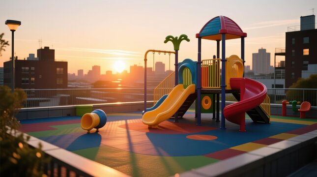 Colorful playground set on a rooftop terrace at sunset, overlooking city skyline