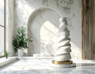 A minimalist, modern interior design showcasing a sculpted, spiral marble sculpture against a backdrop of pristine white marble walls and floors.