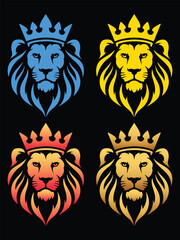 Multicolor Crowned Lion Head Logo Set – Royal Animal Emblem Vector Design