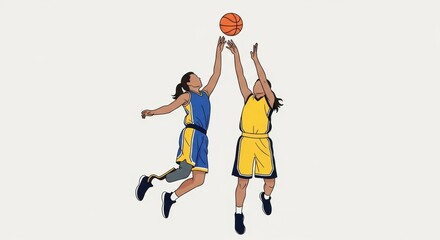 Illustration of two basketball players reaching for a ball, Woman athlete with leg support in a game illustration