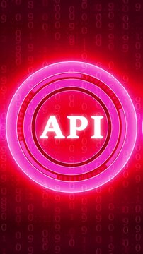 Glowing Neon API Logo with Binary Code Background in Vertical Format application programming interface