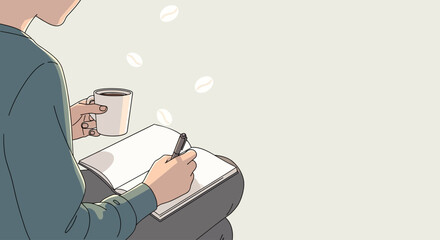 Person writing in a notebook while holding a coffee cup, with floating coffee beans.