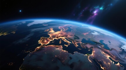 Obraz premium Earth's European nightlight from space. Cosmic glow highlights continent's urban sprawl