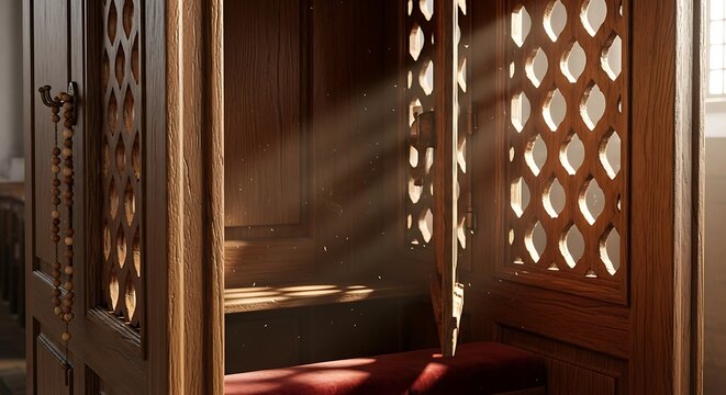 Sunlight streams through the ornate screen of a wooden confessional booth
