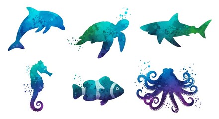 Watercolor Ocean Animals Illustration Set,  Sea Creatures in Textured Blue and Purple Silhouettes
