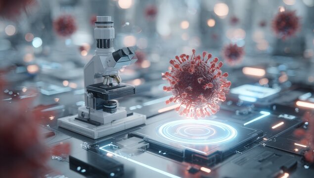 Futuristic microscope analyzing a virus