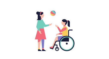 Fototapeta premium Joyful interaction between a person in a wheelchair and a caregiver playing with a colorful ball, fostering connection and activity