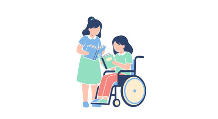 Caring caregiver shares story with child in wheelchair, fostering connection and learning through books
