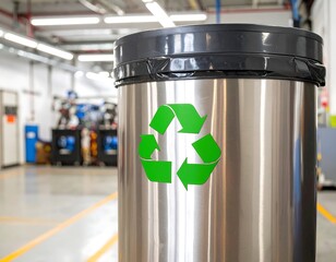 A stainless steel recycling bin with a bright green recycling symbol stands in a large industrial space.