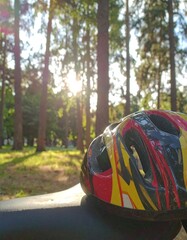 Colorful bicycle helmet rests on a park bench, surrounded by sunlit trees.