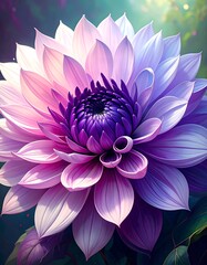 A vibrant close-up of a dahlia flower, showcasing the intricate details and soft color gradations from pale pink to deep purple.