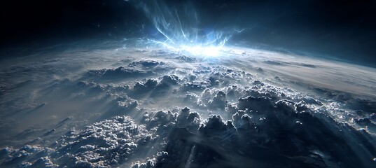 Fototapeta premium Aerial view of earth from space with clouds and bright light for background and wallpaper stock photo images