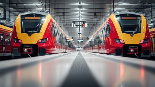 Modern trains in a spacious depot