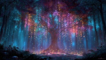 Fototapeta premium Enchanting glowing tree in a mystical forest
