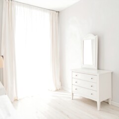 A bright and airy bedroom corner, showcasing a white dresser and mirror, bathed in natural light.