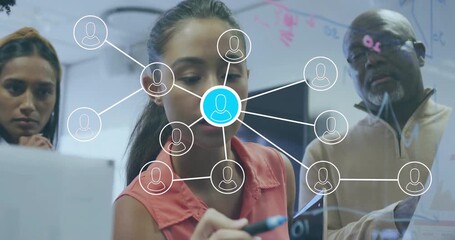 designer stepping forward drawing network on whiteboard for strategy overlaying icons team nodding - Powered by Adobe