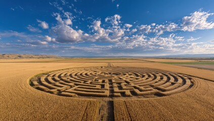 A circular maze carved into a golden wheat field, under a vast, partly cloudy sky