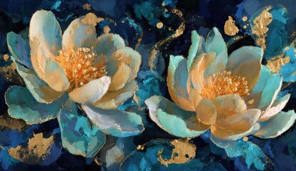 Two Teal/Cream Peonies on Dark Background