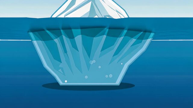 Hidden Depths of Iceberg: Illustrates the iceberg's hidden underwater mass, symbolizing the unseen vastness and potential dangers below the surface.