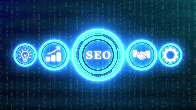 SEO Search Engine Optimization glowing neon icons with binary code background website internet