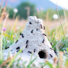 Busy ants actively construct a mound of light gray sand, their tiny bodies bustling around a central opening.