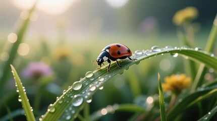 Fototapeta premium Ladybug on dewy grass at sunrise