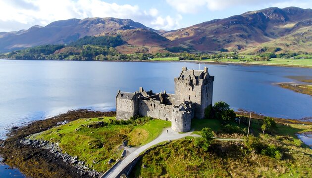 A picturesque aerial view of Eilean Donan Castle, nestled on an island amidst a serene loch and dramatic mountains. - Powered by Adobe
