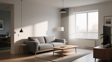 Light-filled modern living room, featuring a gray sofa, wooden coffee table, and a view through a large window