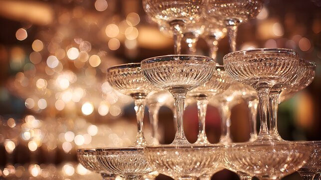A tower of crystal champagne flutes, ready to be filled, at a gala event. 