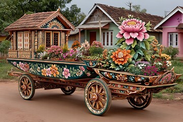 Painted wooden wheel cart with flowers high resolution picture