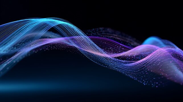 Waves of blue and purple light, representing 5G signals, emanate from a central point and expand against a dark, digital background.