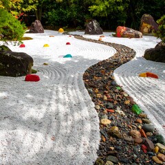 A serene zen garden, featuring a winding path of colorful stones, nestled within a bed of white sand, surrounded by lush greenery.