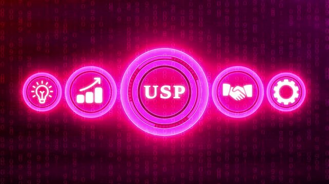 Bright Pink USP Icons With Binary Code Background And Light Bulb Graph Handshake Gear Symbols unique selling proposition