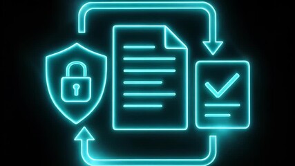 Digital security and Data protection: A glowing icon symbolizing data protection and document security. The neon-style art suggests cutting-edge technology and ensures confidentiality and privacy.