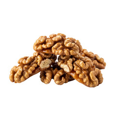 Fototapeta premium Walnut halves are stacked with one partially broken showing the interior against a solid background.