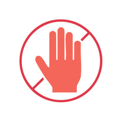 Obraz premium Red open hand with fingers extended and crossed out inside a red circle for prohibition symbol.