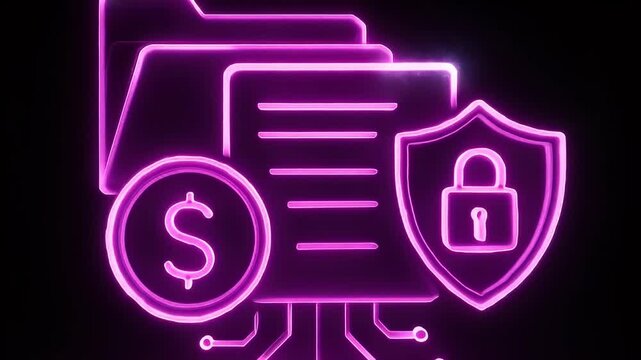 Secured Financial Document: Illuminated in neon against a black backdrop, this image showcases a digital rendering of a file folder, coin, lock, and data protection.