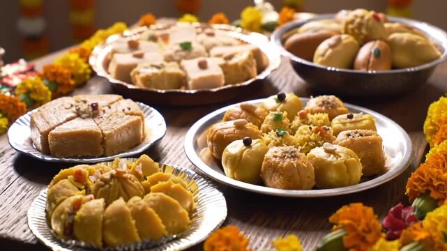 Assortment of indian sweets on silver plates with marigold garlands on a wooden table setting