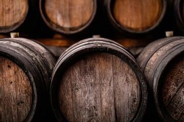 Oak wine barrels stacked in rows inside a winery cellar, creating a traditional and rustic atmosphere