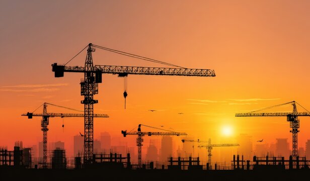 Silhouette of construction cranes at sunset over a city - Powered by Adobe