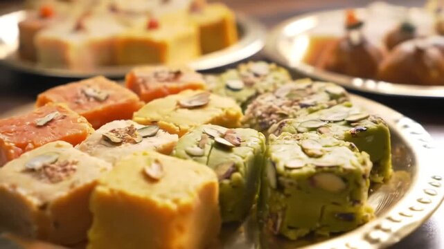 Close up of assorted indian sweets on silver plates with almond garnish on a wooden surface